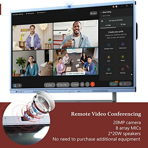 Video conferencing screen with multiple participants and equipment features like 20MP camera and speakers.