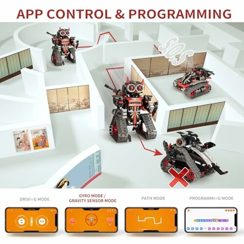 Robots navigating a maze with app control and programming modes displayed.