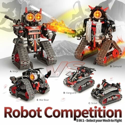 Five different robot models displayed for a competition, including Ninja, Samurai, War Boar, Vanguard, and Scout.