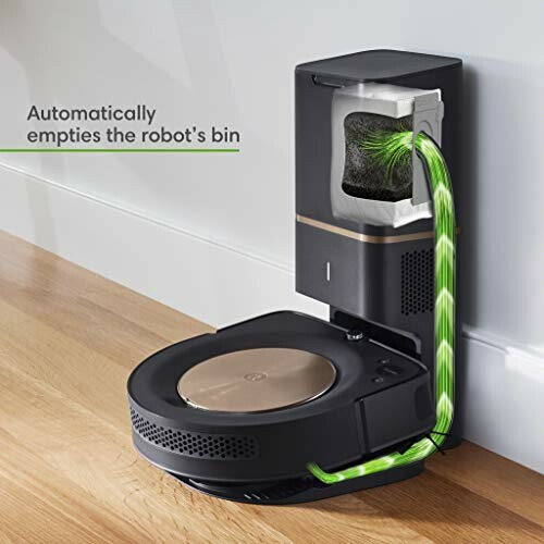 Robot vacuum with automatic bin emptying feature.