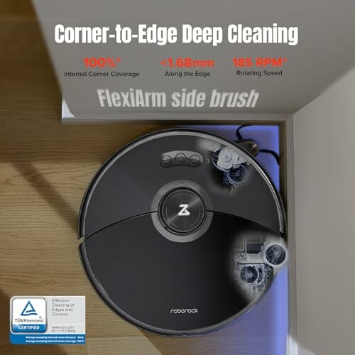 Robot vacuum cleaner demonstrating corner-to-edge deep cleaning with flexiarm side brush.