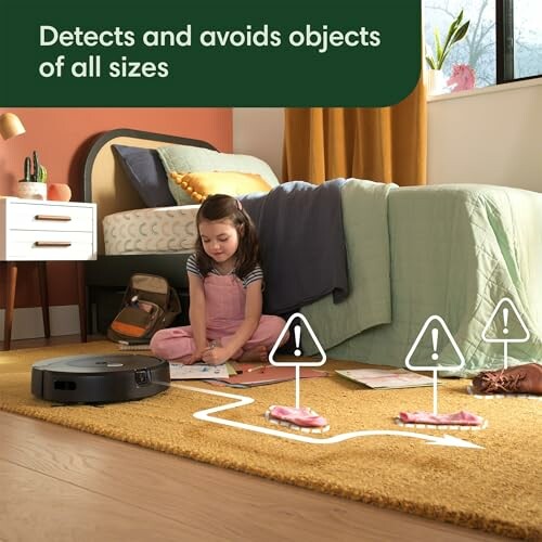 Robot vacuum avoiding objects while a child plays on the floor.