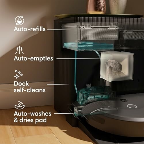 Robot vacuum dock with auto-refills, auto-empties, self-cleaning, and auto-washes pad.