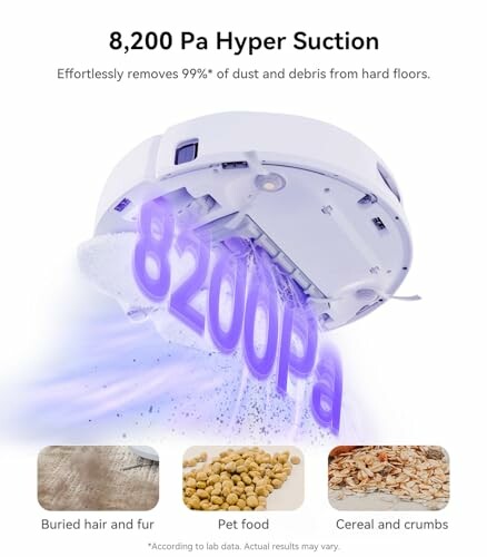 Robot vacuum demonstrating 8200 Pa suction power removing debris.