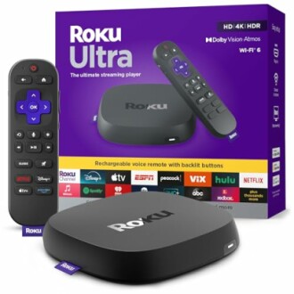 Roku Ultra streaming player with remote and packaging.