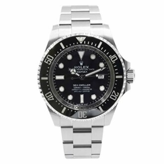 Rolex Sea-Dweller watch with stainless steel bracelet and black dial.