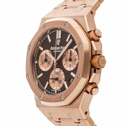 Rose gold luxury chronograph watch with black dial.