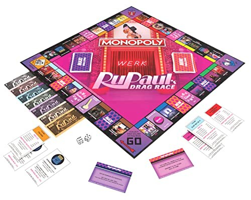 RuPaul's Drag Race themed Monopoly board game with cards and dice.