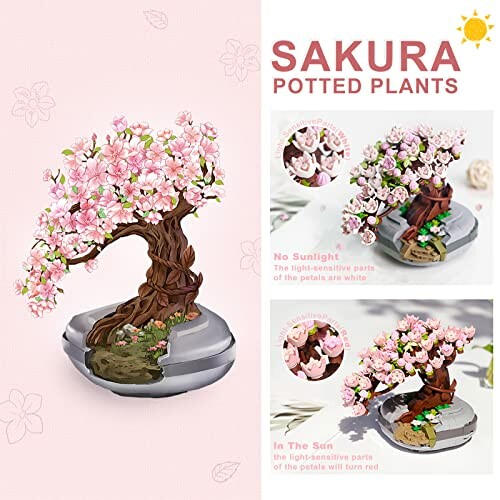 Decorative sakura potted plant with light-sensitive petals.