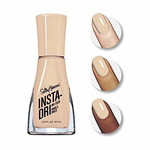 Sally Hansen Insta-Dri nail polish bottle with color samples on nails.