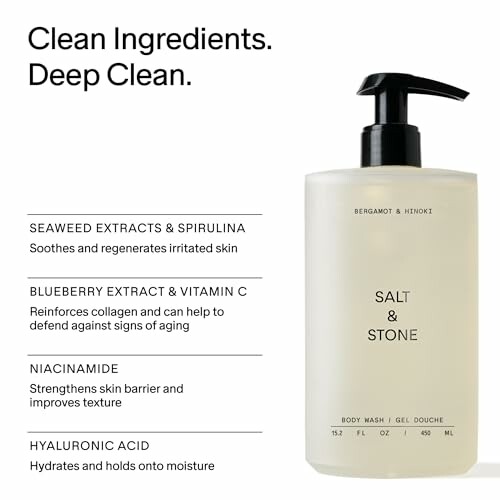 Salt & Stone body wash bottle with clean ingredients listed.