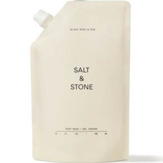 Salt & Stone body wash pouch with black rose and oud fragrance.