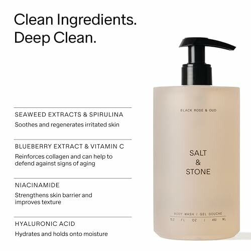 Salt and Stone body wash with clean ingredients listed.