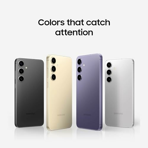 Four Samsung smartphones in different colors: black, gold, purple, and white.