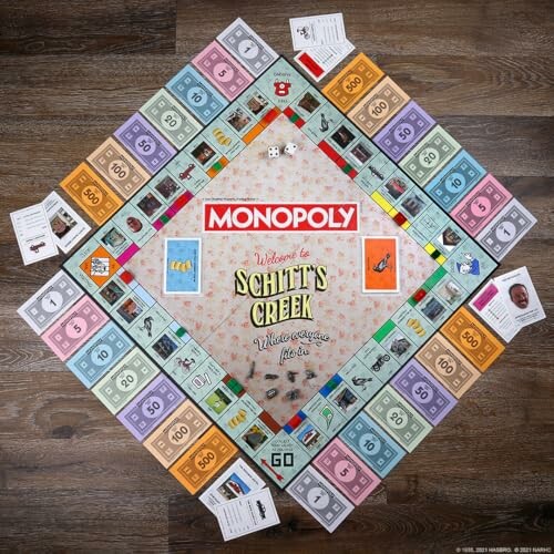 Schitt's Creek Monopoly game board with themed elements.