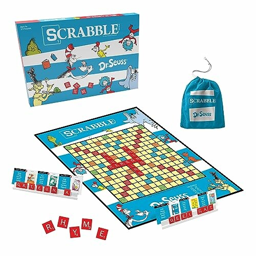 Dr. Seuss themed Scrabble board game with tiles and bag.