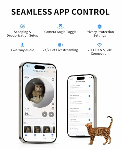 Smartphone interface for seamless app control of pet monitor with various settings and a cat.