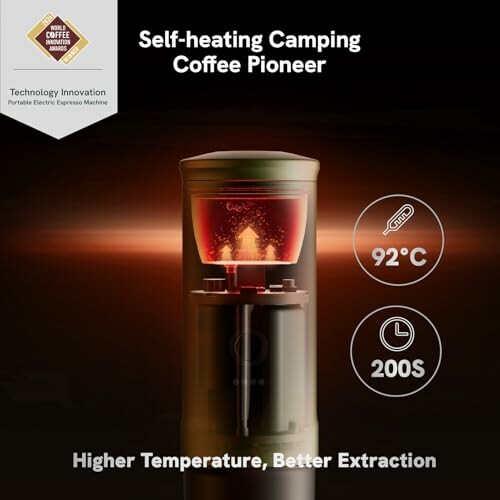 Portable electric espresso machine with self-heating feature.