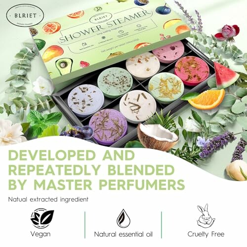 Box of colorful shower steamers with botanical ingredients and eco-friendly labels.