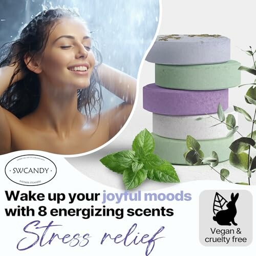 Woman enjoying shower with colorful steamers and mint leaves, promoting stress relief and vegan, cruelty-free benefits.