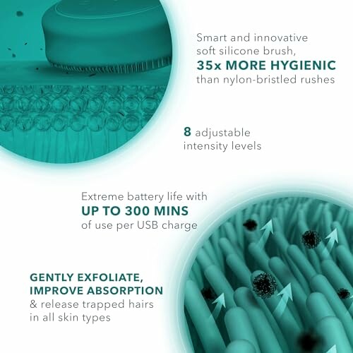 Features of a soft silicone brush with 8 intensity levels and long battery life.