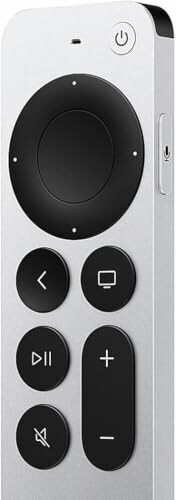 Silver TV remote control with circular navigation and various buttons.