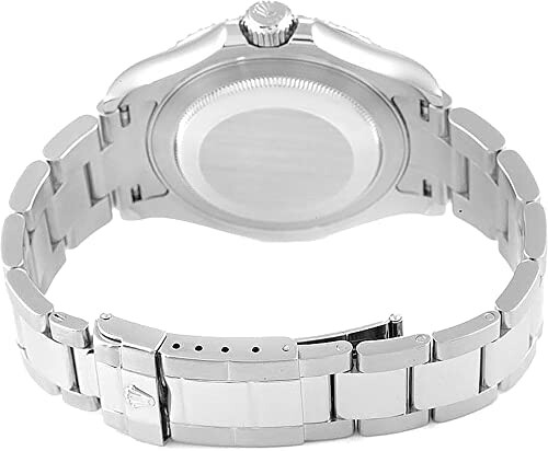 Back view of a silver wristwatch with metal bracelet