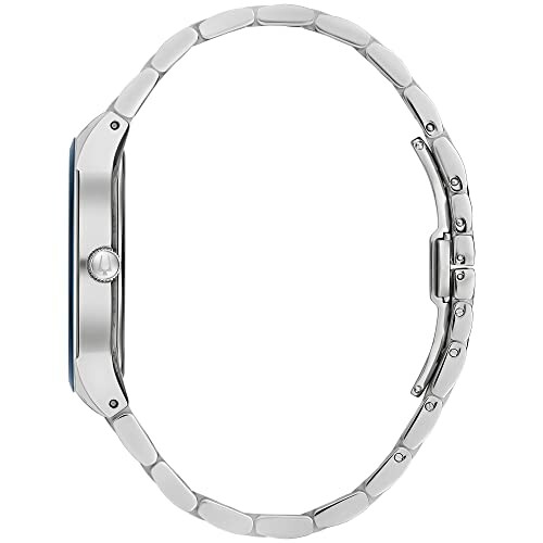 Side view of a silver wristwatch with metal bracelet.