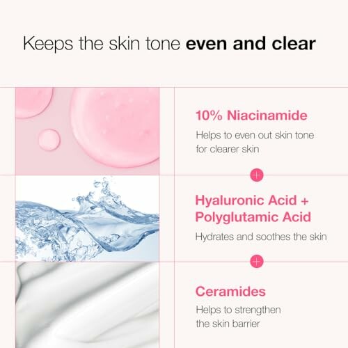 Infographic showing skin care ingredients: Niacinamide, Hyaluronic Acid, and Ceramides.