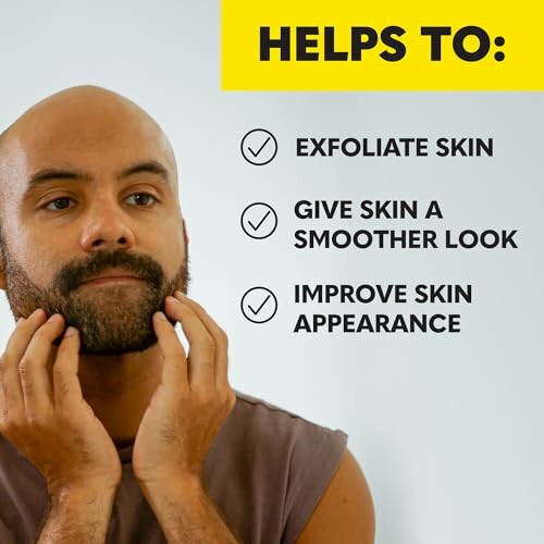 Man touching face with skincare benefits list.