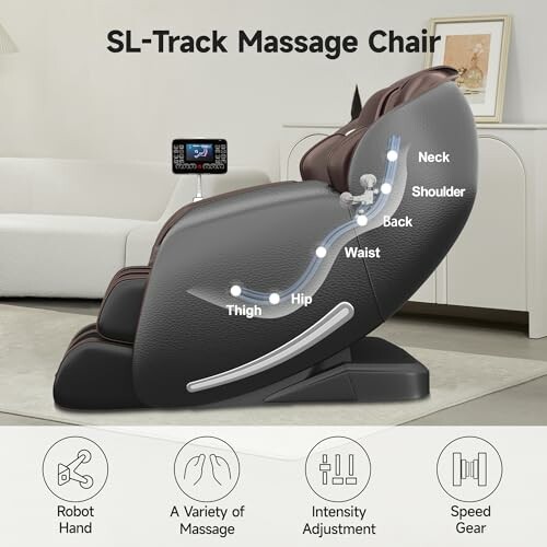 Illustration of SL-Track massage chair with labeled body areas.