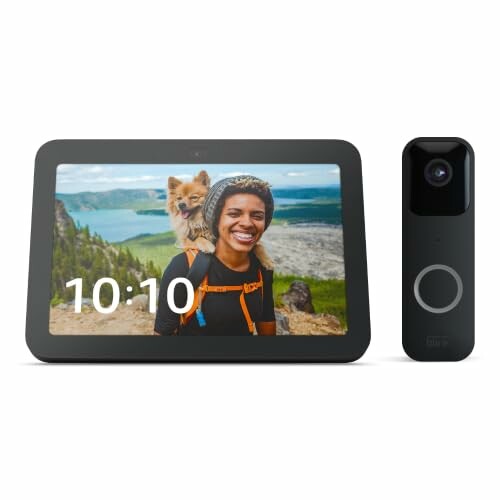 Smart display showing time and a smiling person with a dog, next to a smart camera.