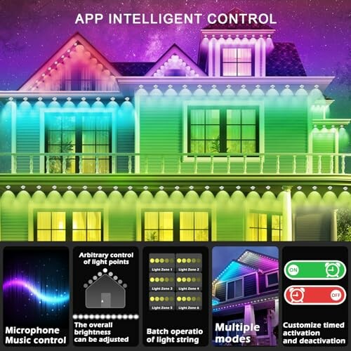 House with multicolored smart lighting and app control features.