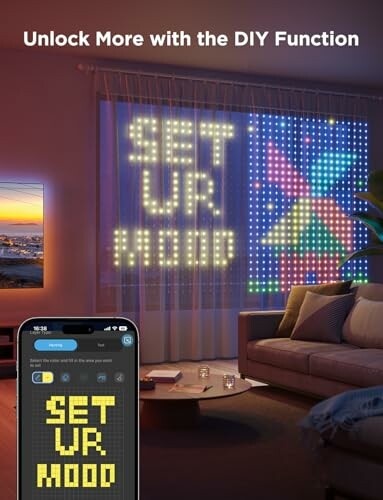 Smart lighting display with DIY function in a living room.