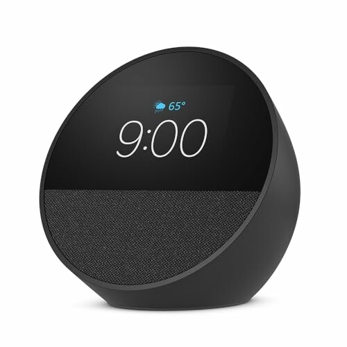 Smart speaker with digital clock display and weather info.