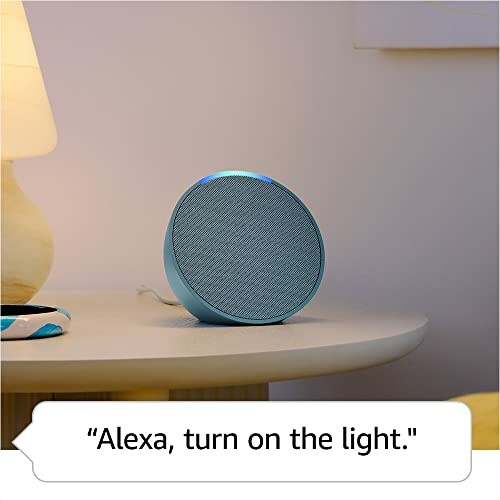 Smart speaker on a table with voice command to turn on the light.