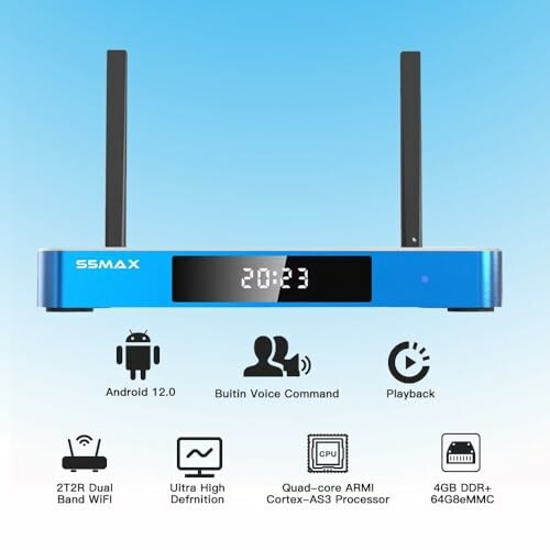 Blue smart TV box with dual antennas, Android 12.0, voice command, quad-core processor, and 4GB DDR4.