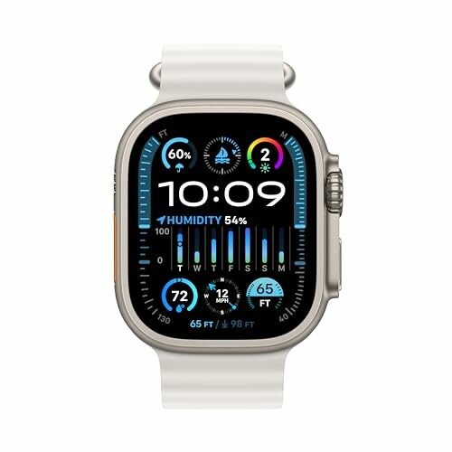 Smartwatch with digital display showing time and weather.