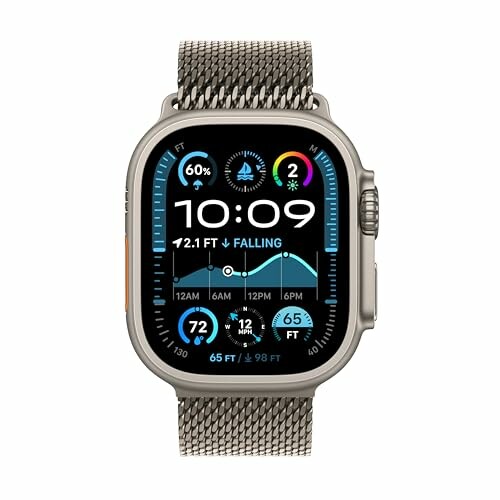 Smartwatch displaying time, weather, and activity stats with metal mesh band.