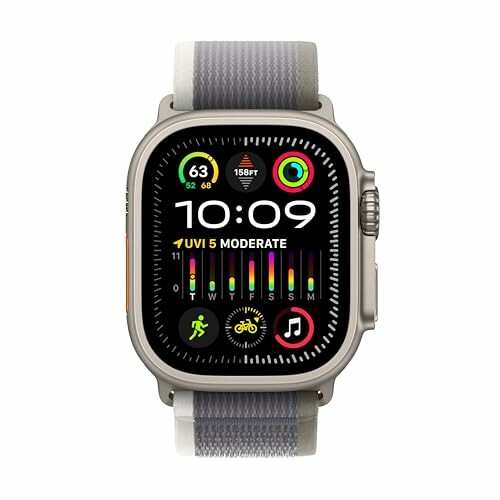 Smartwatch showing time, weather, and activity data.