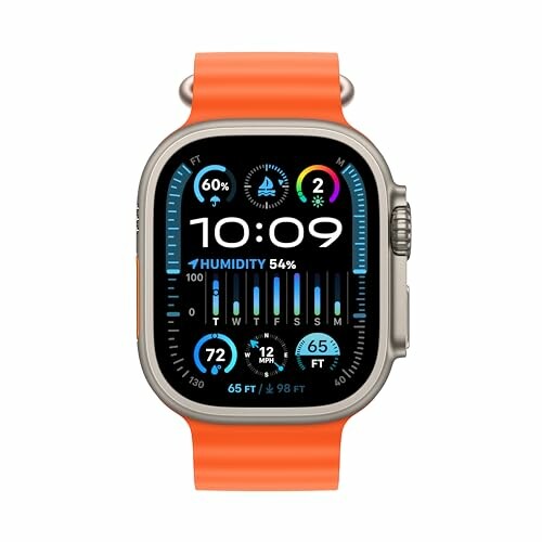 Smartwatch with orange band showing weather and activity data on screen.