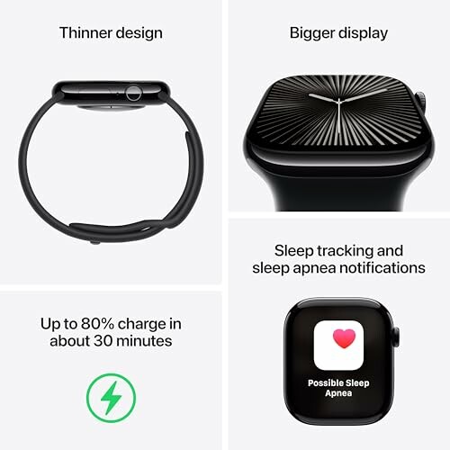 Smartwatch with thinner design, bigger display, fast charging, and sleep apnea notifications.