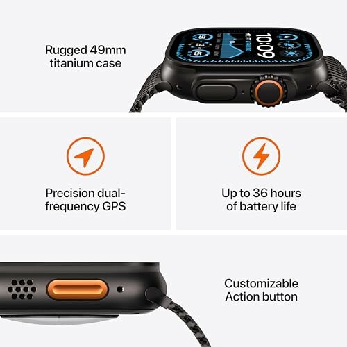 Smartwatch with rugged 49mm titanium case, dual-frequency GPS, 36-hour battery, customizable button