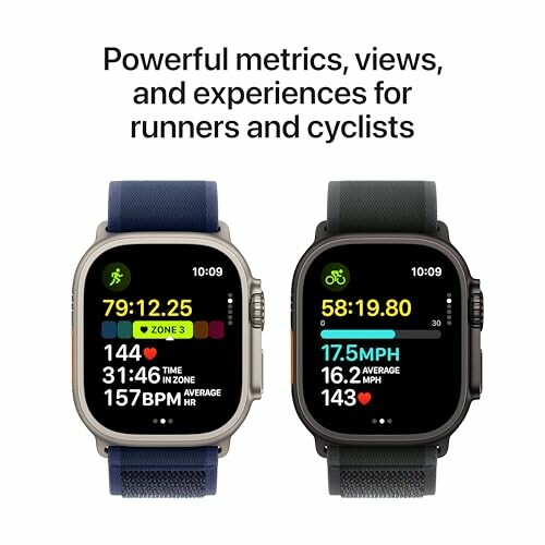 Two smartwatches display fitness metrics for running and cycling.