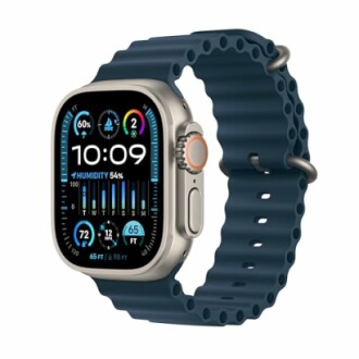 Smartwatch with blue band displaying weather and time