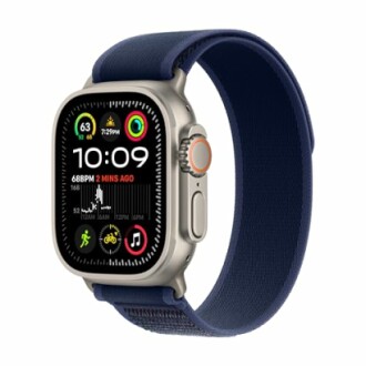 Smartwatch displaying health and activity metrics with a navy strap.