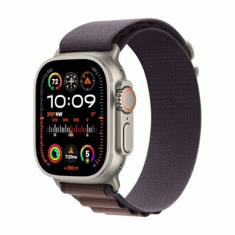 Smartwatch with colorful display and grey nylon band