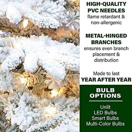 Close-up of snowy artificial Christmas tree with lights and features listed.