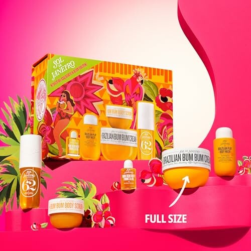 Sol de Janeiro body cream and gift set with vibrant packaging.