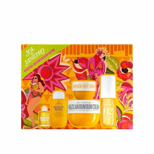 Sol de Janeiro gift set with body care products and vibrant packaging.